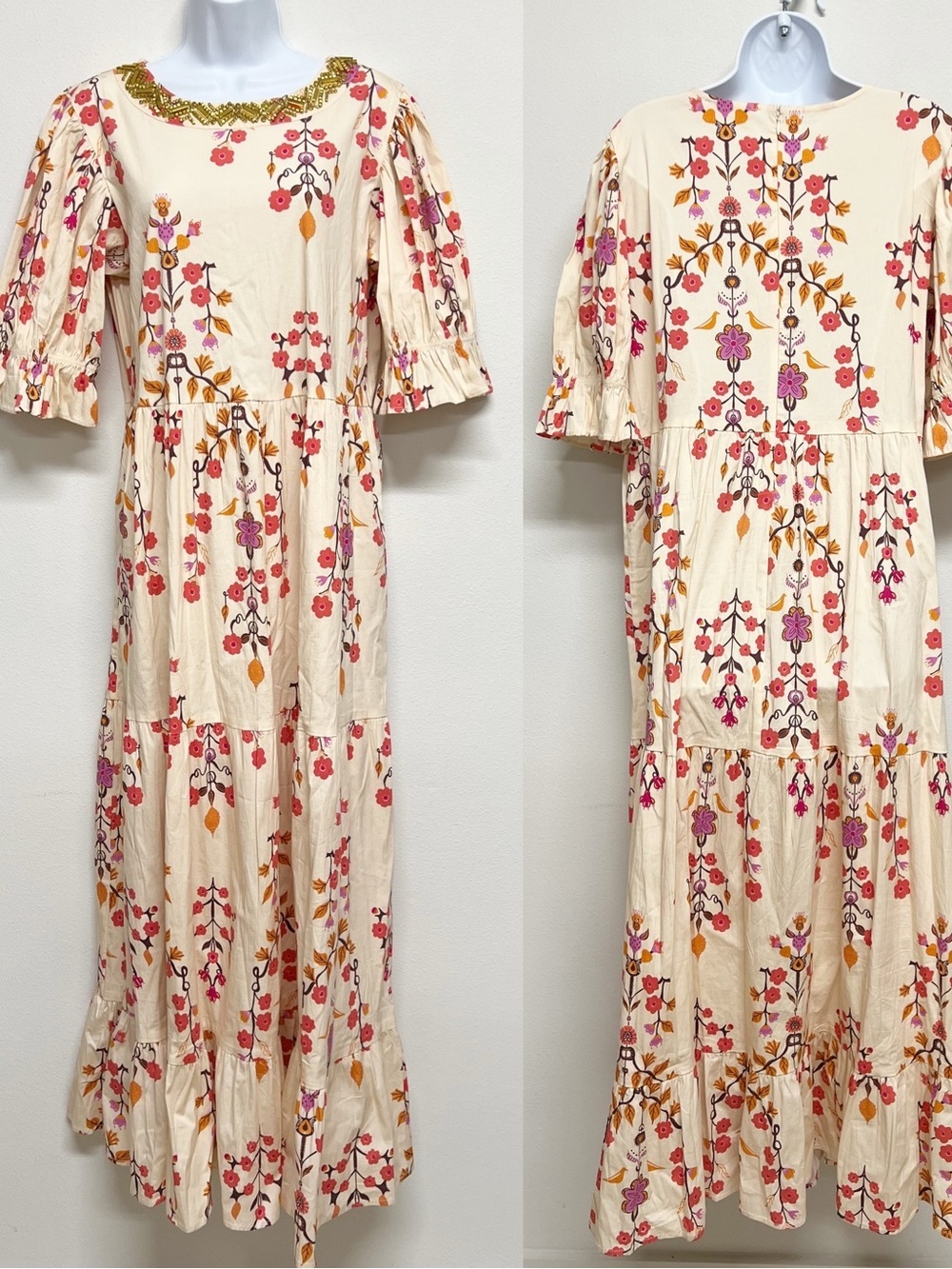 Sheridan French Womens Beige Coral Floral Print Puff Sleeve Maxi Michola Dress